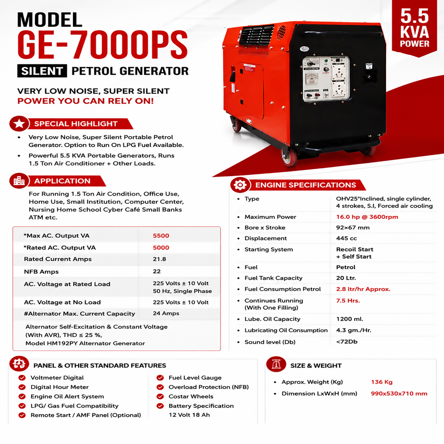 5.5 KVA Portable Generator, Model Silent GE-7000PS , Petrol Run, Recoil & Self Start